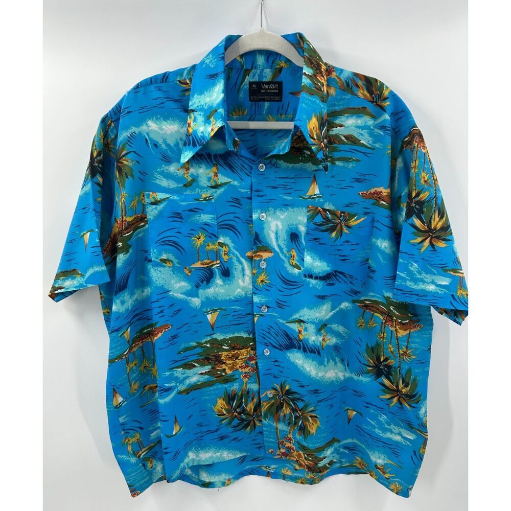 VTG Van Cort Hawaiian Shirt Men's Blue Palm Tree Surfer Print Aloha XL